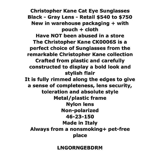 $750 Christopher Kane Cat Eye Sunglasses Black Grey Lens Sleek Polished Bold - Picture 2 of 15